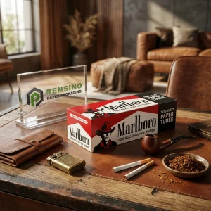Tube en papier à tabac rouge et blanc avec logo Marlboro et motif graphique, adapté pour l'emballage de cadeau, de détail ou de produit du tabac, SERVICE OEM/ODM DISPONIBLE