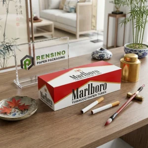 Tube en papier rouge et blanc avec texte et logo Marlboro imprimés, adapté pour l'emballage de tabac ou de cadeaux, service OEM/ODM disponible
