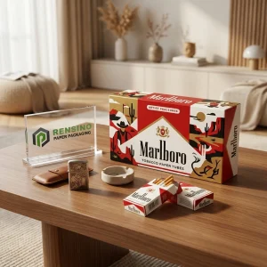 Emballage en tube en papier Marlboro rouge et blanc avec logo imprimé et motif graphique, adapté à l'emballage de cadeaux, de détail ou alimentaire, service OEM/ODM disponible