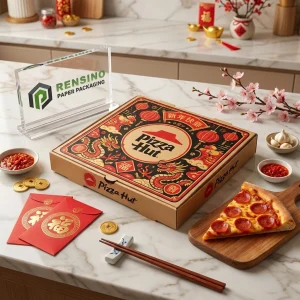 Brown Disposable Pizza Packaging Box with Printed Pizza Hut Logo and Chinese New Year Dragon Pattern, Suitable for Food Packaging, Wholesale Customization
