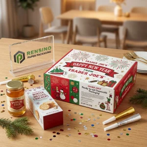 Red and White Disposable Packaging Box with Holiday Illustrations and Printed Text, Suitable for Food Packaging, Custom Design Available