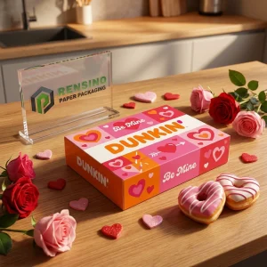 संतरे और गुलाबी डिस्पोजेबल पैकेजिंग बॉक्स दिल के पैटर्न और प्रिंटेड “DUNKIN'” टेक्स्ट के साथ, खाद्य पैकेजिंग के लिए उपयुक्त, कस्टम डिज़ाइन उपलब्ध