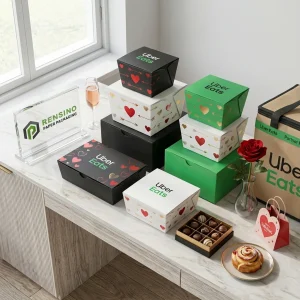 Caixas de Embalagem Descartáveis Pretas, Brancas e Verdes do Uber Eats com Padrão de Coração e Flecha, Adequadas para Embalagem de Alimentos, Impressão de Logotipo Personalizado Disponível