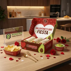 Scatola regalo usa e getta rossa e verde con testo stampato “FIESTA DEL GIORNO DI SAN VALENTINO” e motivo avocado, adatta per confezioni regalo, alimentari o di vendita al dettaglio, servizio OEM/ODM disponibile