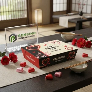 Scatola di imballaggio usa e getta stampata rossa e nera con motivo a cuore e fiori di ciliegio, adatta per imballaggio regalo, design personalizzato disponibile