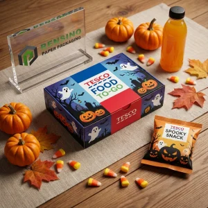 Caixa de embalagem de alimentos descartável Tesco azul e vermelha com padrão de fantasma e abóbora de Halloween, adequada para embalagem de alimentos ou lanches, serviço OEM/ODM disponível