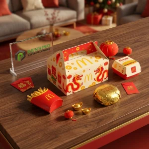 Scatola di imballaggio usa e getta rossa e kraft con motivo di drago e cibo, adatta per imballaggio alimentare, design personalizzato disponibile