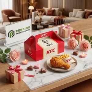 صندوق تعبئة الطعام القابل للتصرف باللونين الأحمر والبيج مع نص KFC المطبوعة وشعار العقيد ساندرز، مناسب لتعبئة الطعام، تصميم مخصص متاح