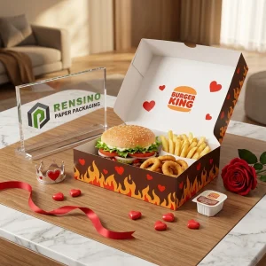 Brown Disposable Food Packaging Box with Flame and Heart Patterns and Printed “BURGER KING” Text Inside, Suitable for Fast Food Packaging, OEM/ODM Service Available
