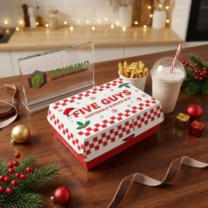 Scatola di imballaggio usa e getta per hamburger rossa e bianca con motivo di cappello di Natale e agrifoglio, adatta per imballaggio alimentare, design personalizzato disponibile
