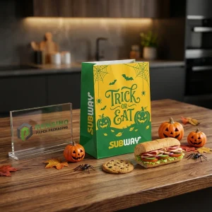 Bolsas de papel desechables para alimentos en verde y amarillo con diseño impreso de calabaza y telaraña de Halloween, impresión de logotipo personalizada disponible