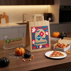 Braune Kraft Einweg Lebensmittelpapierbeutel mit Halloween-Geist- und Kürbis-Muster, benutzerdefinierte Logo-Druck verfügbar