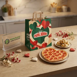 Bolsas de papel desechables verdes y kraft para alimentos con patrón de corazón y texto impreso “PAPA JOHN'S”, diseño personalizado disponible