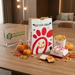 White Disposable Food Paper Bags with Red Graphic and Halloween Elements, Custom Design Available