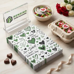 Papel de Embalagem para Alimentos do Dia dos Namorados com Padrão de Coração e Texto Impresso, Adequado para Embalagem de Alimentos ou Varejo, Design Personalizado Disponível