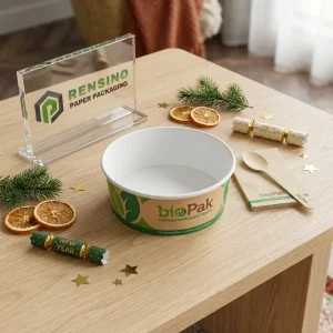 Green and Kraft Paperboard Round Printed Paper Bowl with Text for Food Packaging, Custom Design Available