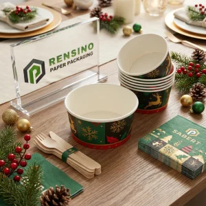 Green and Red Printed Paper Bowls with Snowflake and Reindeer Pattern for Food Packaging, Custom Logo Printing Available