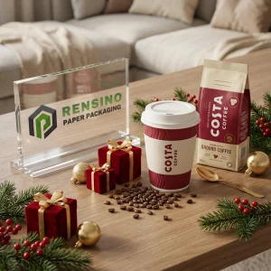 Red and White Disposable Paper Coffee Cups with Sleeve and Printed “COSTA COFFEE” Text, Custom Logo Printing Available