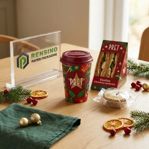 Tazze di Carta Usa e Getta Rosse e Verdi con Testo Stampato “PRET” e Motivo Festivo, Stampa Logo Personalizzata Disponibile