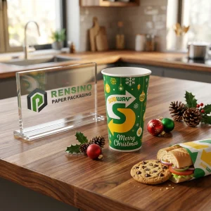 Grüne und gelbe Einweg-Pappbecher mit Weihnachtsmuster, individuelles Design verfügbar