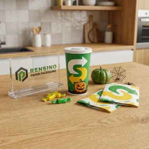 Grüne und gelbe Einweg-Pappbecher mit Kürbis- und Pfeilmuster, individuelle Logo-Druckverfügbarkeit