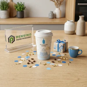 Blaue und weiße Einweg-Papierbecher für Kaffee mit bedrucktem Design, Individuelles Design verfügbar