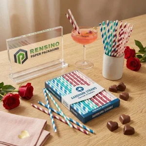 Bedruckte Papierstrohhalme mit buntem gestreiftem Design und klarer Markenkennzeichnung für Getränke, OEM/ODM-Service verfügbar