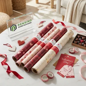 Rouleaux de papier d'emballage imprimé avec motifs de cœur et de rose pour l'emballage cadeau, design personnalisé disponible