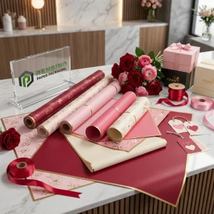 Carta da regalo rosa e rossa con motivo floreale e nastri decorativi
