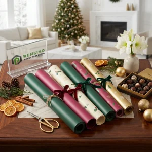 Papier d'emballage pour fleurs sur le thème de Noël avec motif imprimé et rubans, adapté pour l'emballage de fleurs ou de cadeaux, service OEM/ODM disponible