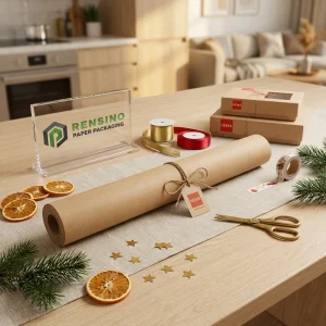 Imballaggio in rotolo di carta kraft con logo stampato ed elementi decorativi, adatto per confezioni regalo o al dettaglio, design personalizzato disponibile