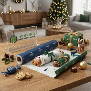 Grün und Blau bedrucktes fettdichtes Papier mit “Delfin”-Text und Weihnachtsbaum-Muster, geeignet für Lebensmittelverpackungen, OEM/ODM-Service verfügbar
