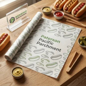 Papier ciré imprimé avec motif vert et branding clair, adapté pour les cadeaux, la nourriture ou l'utilisation en vente au détail, service OEM/ODM disponible