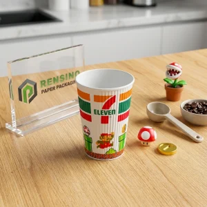 Bedruckter Pappbecher mit Mario und 7-Eleven-Logo, geeignet für Getränkepackungen, benutzerdefiniertes Design unterstützt
