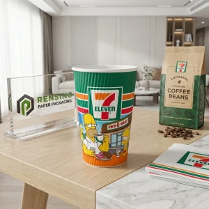रंगीन पेपर कप जिसमें 7-Eleven लोगो और होमर सिम्पसन का चित्रण है, पेय, उपहार, या खुदरा पैकेजिंग के लिए उपयुक्त, OEM/ODM सेवा उपलब्ध