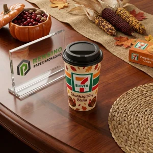 Disposable Paper Beverage Cups with Thanksgiving Leaf Pattern and Black Lid, Custom Logo Printing Available
