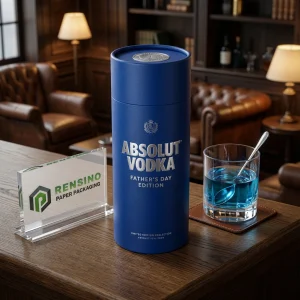 पेय पैकेजिंग के लिए प्रिंटेड “ABSOLUT VODKA पिता दिवस संस्करण” टेक्स्ट के साथ नीली पेपर ट्यूब पैकेजिंग, कस्टम लोगो प्रिंटिंग उपलब्ध