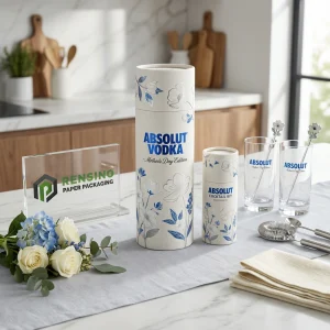 Tubo de Papel Branco e Azul com Padrão Floral e Texto Impresso “ABSOLUT VODKA”, Adequado para Embalagem de Bebidas, Impressão de Logotipo Personalizado Disponível