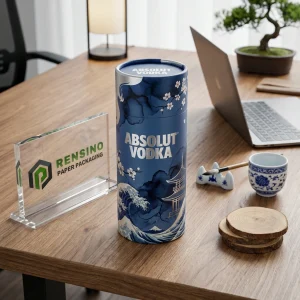 नीला पेपर ट्यूब पैकेजिंग जिसमें मुद्रित “ABSOLUT VODKA” पाठ और पारंपरिक लहर और पैगोडा पैटर्न है, पेय पैकेजिंग के लिए उपयुक्त, कस्टम लोगो प्रिंटिंग उपलब्ध है