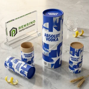 नीला पेपर ट्यूब पैकेजिंग जिसमें मुद्रित “ABSOLUT VODKA” पाठ और अमूर्त ब्रशस्ट्रोक पैटर्न है, पेय पैकेजिंग के लिए उपयुक्त, कस्टम लोगो प्रिंटिंग उपलब्ध है