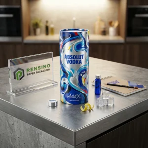 Tube en papier bleu et multicolore avec motif de tourbillon abstrait et texte imprimé “ABSOLUT VODKA”, adapté à l'emballage de boissons, impression de logo personnalisée disponible