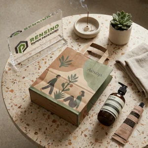 Bolsa de Papel Kraft Aesop con Ilustración Impresa, Adecuada para Empaque Cosmético o de Regalo, Impresión de Logo Personalizado Disponible
