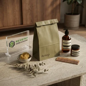 Embalaje de bolsa de papel verde con texto impreso “Aesop” adecuado para embalaje de regalos o cosméticos. Impresión de logotipo personalizada disponible