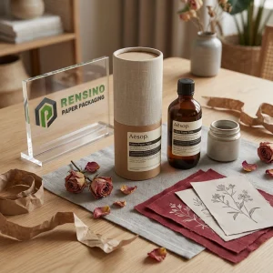 Brauner und beiger Stoffpapiertube mit bedrucktem Text, geeignet für Stoff- oder Geschenkpaktierung, individuelles Design verfügbar
