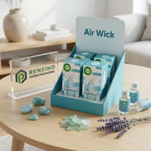 Blauer Anzeigekasten mit Air Wick Branding, maßgeschneiderte Papierverpackungslösungen