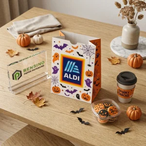 Bolsas de papel para alimentos desechables con patrón de Halloween y logotipo impreso de ALDI, impresión de logotipo personalizada disponible
