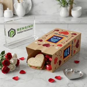 Sacchetti di carta alimentare usa e getta Kraft con motivo a cuori rosse e bianche e logo “ALDI” stampato, design personalizzato disponibile