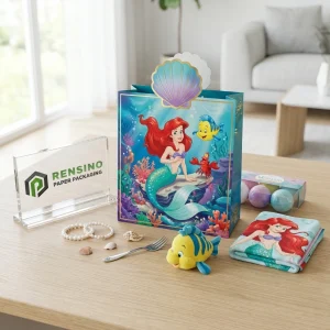Bolsa de papel azul con ilustración de sirena y escena submarina para empaquetado de regalos, impresión de logo personalizada disponible