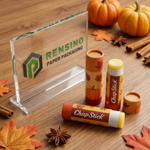 Orange and Brown Paper Lip Balm Tube Packaging with Pumpkin and Maple Leaf Pattern, Suitable for Cosmetic or Gift Use, Custom Design Available
