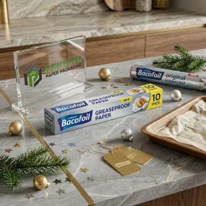 Blaues und gelbes bedrucktes fettbeständiges Papier mit Lebensmittelabbildungen, geeignet für Küchen- und Lebensmittelverpackungen, individueller Logo-Druck verfügbar